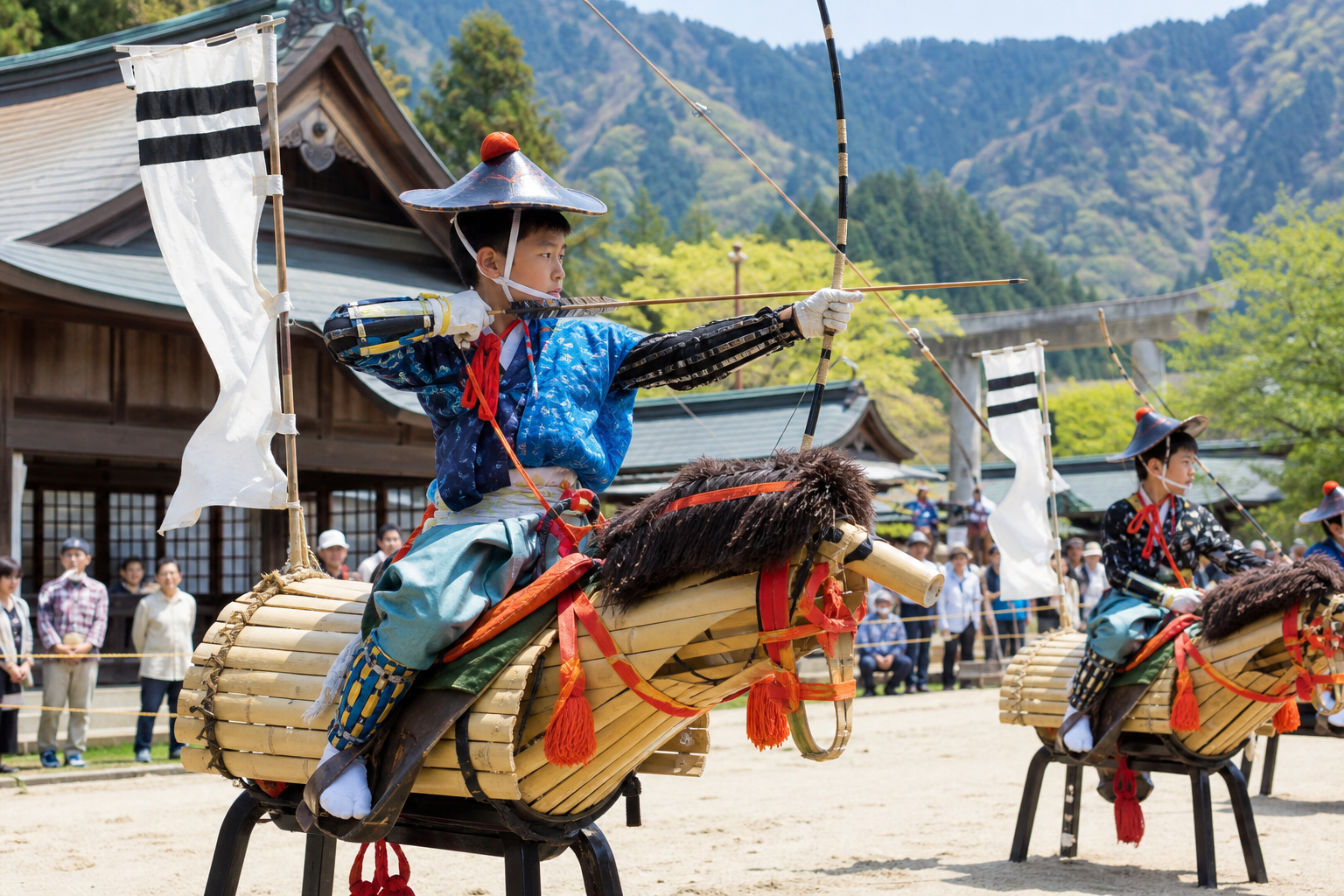 高島市新旭町今市佐々木神社での竹馬祭本番のイメージ。男児たちが竹馬で馬場を駆け、流鏑馬を奉納する様子。陣笠やのぼり旗を付けた正装が鮮やかで、神社の境内と山々の背景が映る。※画像は生成AIにより作成されたイメージです