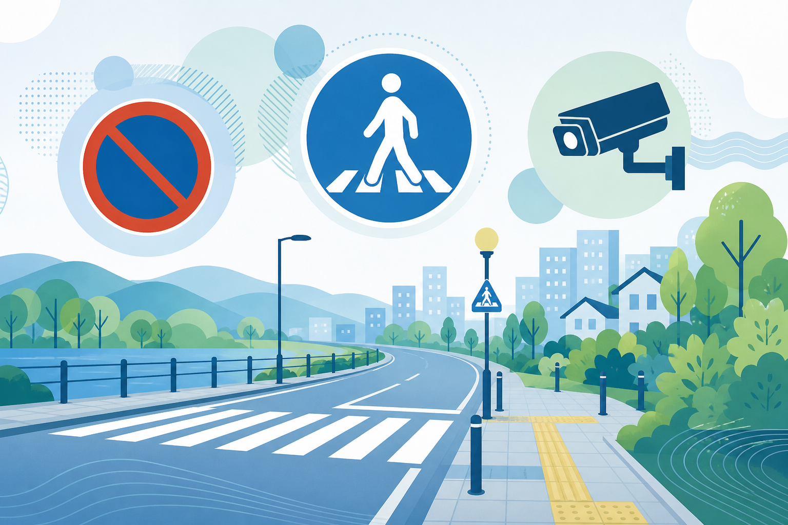 観光地周辺の生活道路における駐停車の抑止と歩行者優先をイメージした抽象的な補助図。特定の地点の実写ではなく、編集部が生成AIで作成した図版です。