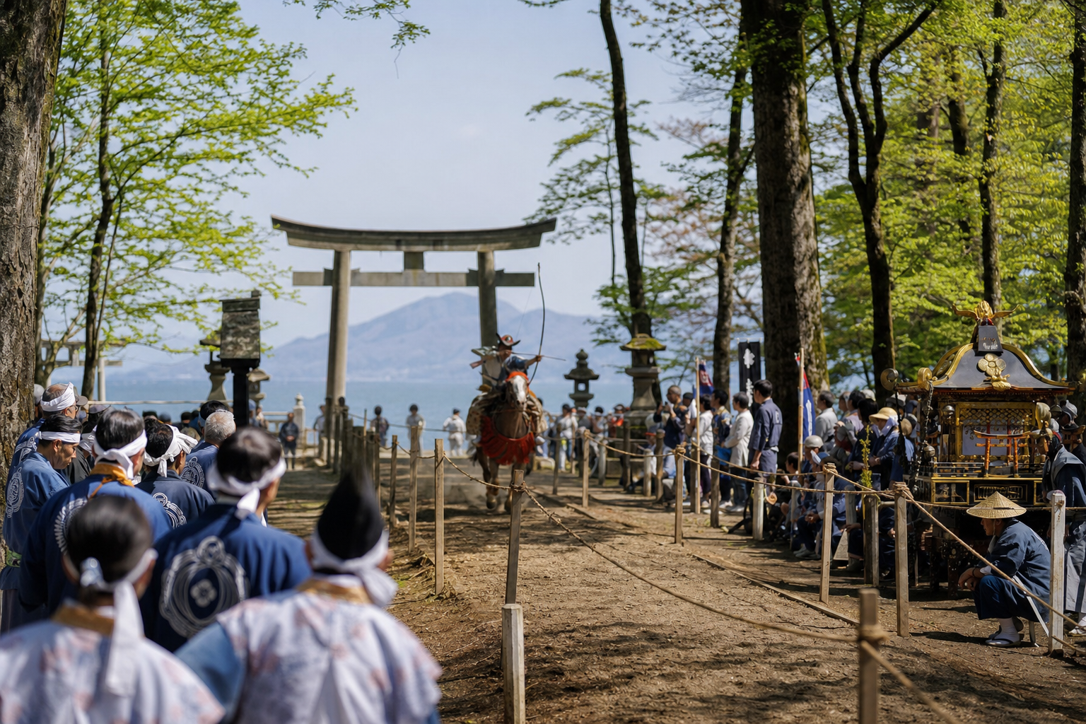 滋賀県高島市・大荒比古神社の七川祭をイメージした境内と馬場の風景。実在の写真ではなく、記事の雰囲気把握用の生成イメージです。