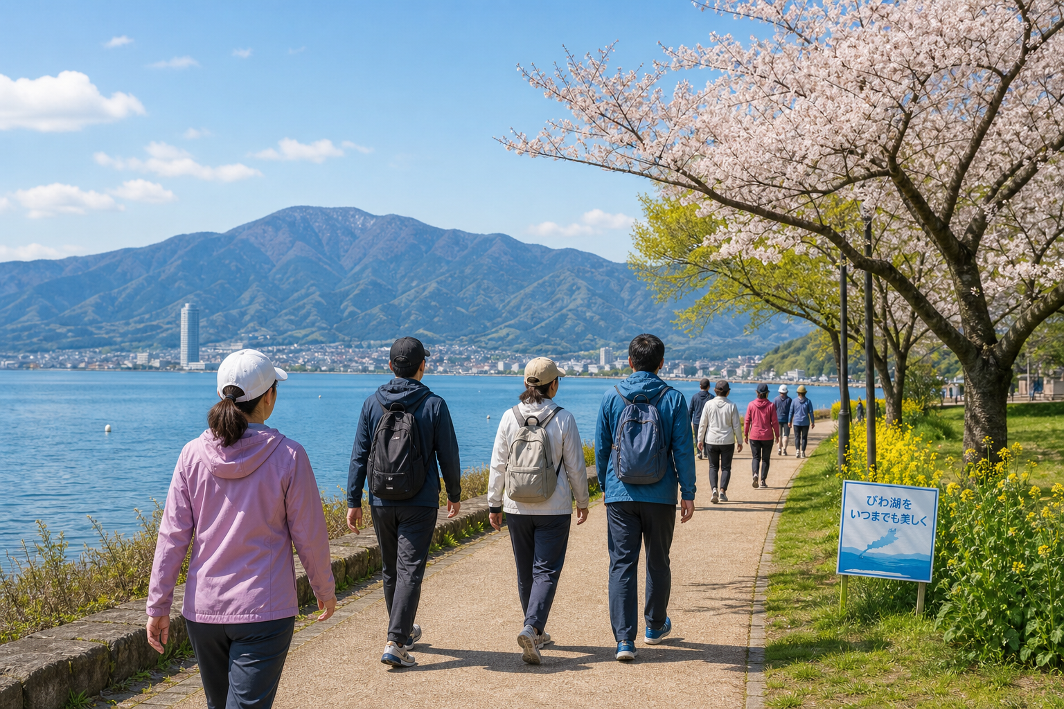 湖畔の遊歩道を複数人がウォーキングする様子をイメージしたイメージ図。特定個人を特定できない距離感と構図。