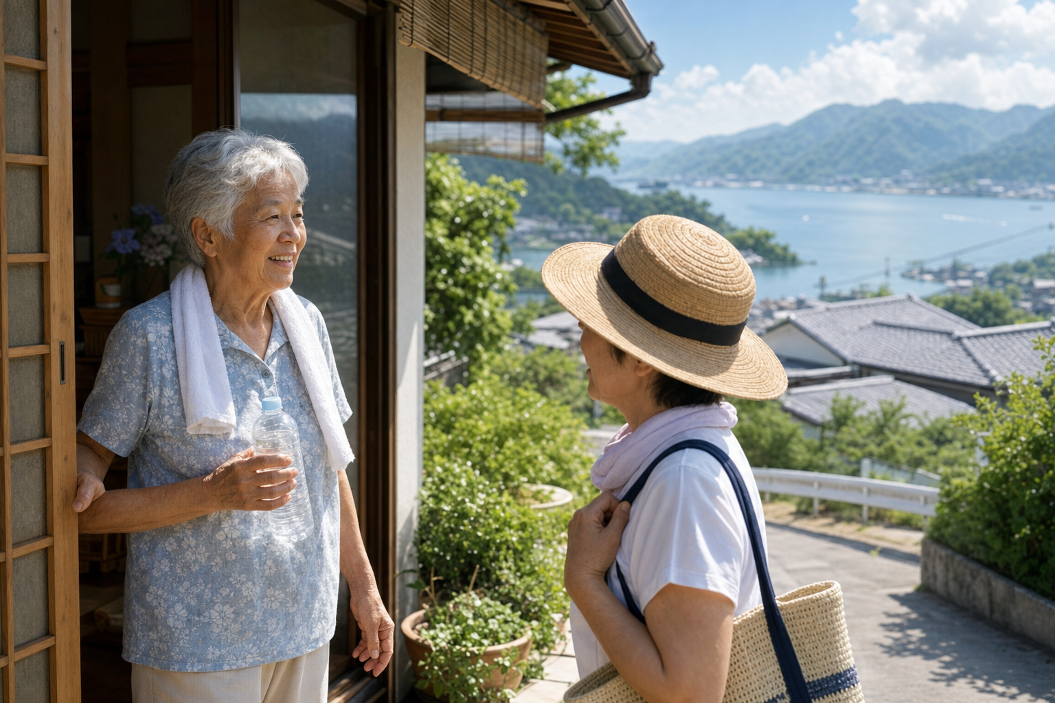 湖畔の集落を想起させる住宅前で、近隣同士が短く声をかけ合い水分補給を確認する様子のイメージ。特定の個人や住所を特定しない一般的な場面として編集部が作成した図。