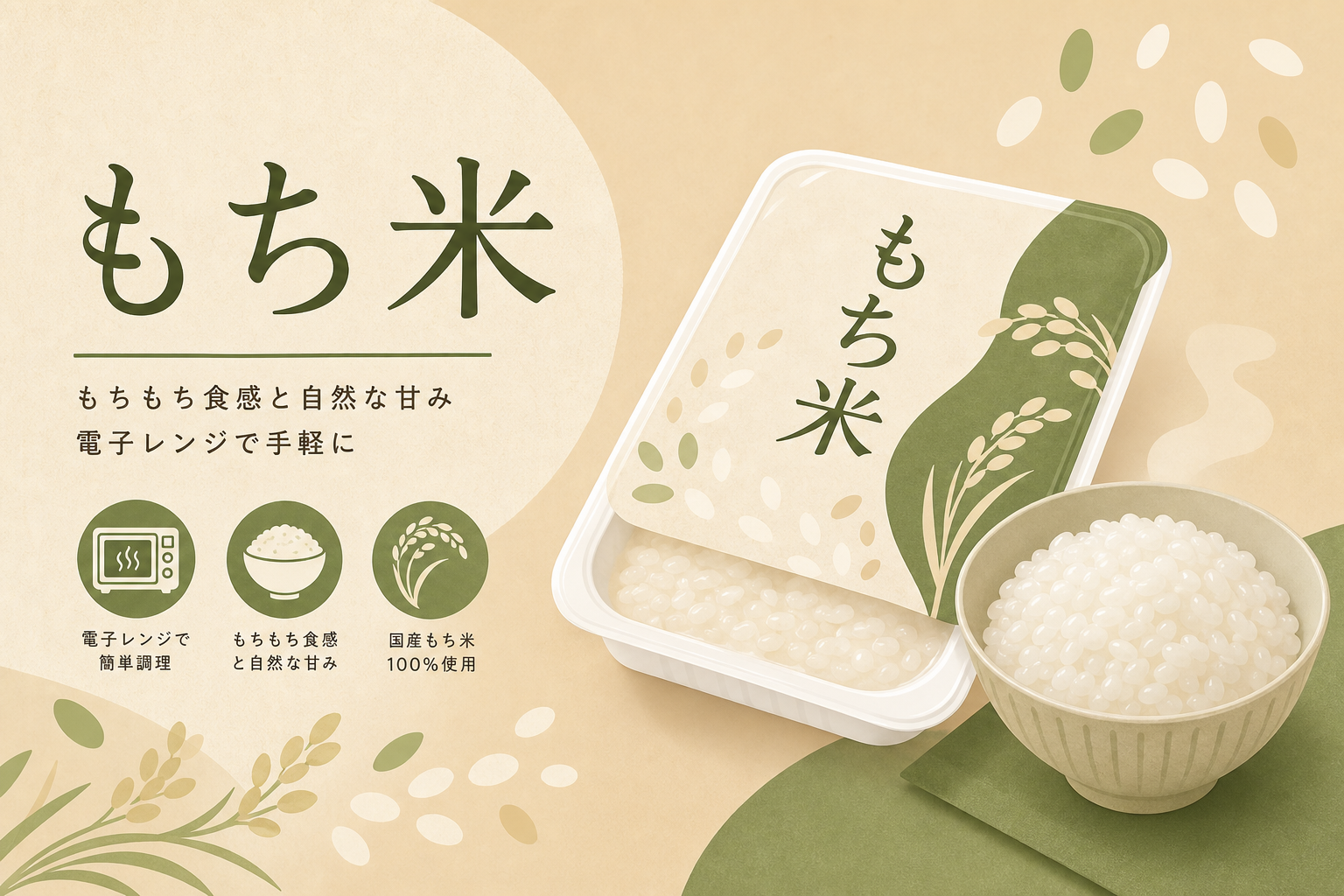 もち米パックご飯の概念を示す横長の編集イラスト。商標や実在パッケージの複製ではなく、記事用の概念図。