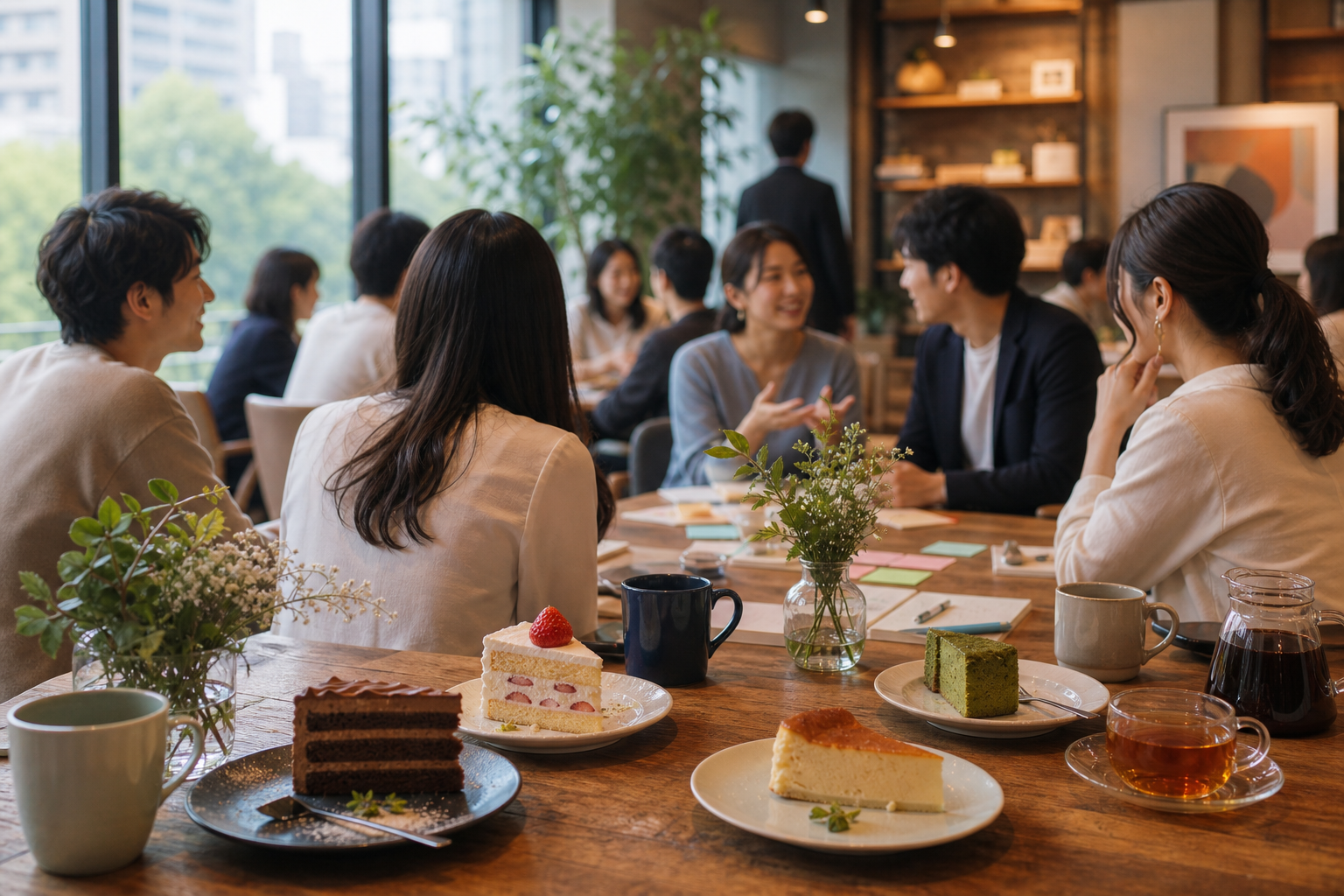 謎解き後のケーキとドリンクを伴う交流タイムを想起させる一般的なイメージ。特定のブランドや人物を特定しない卓上シーン。