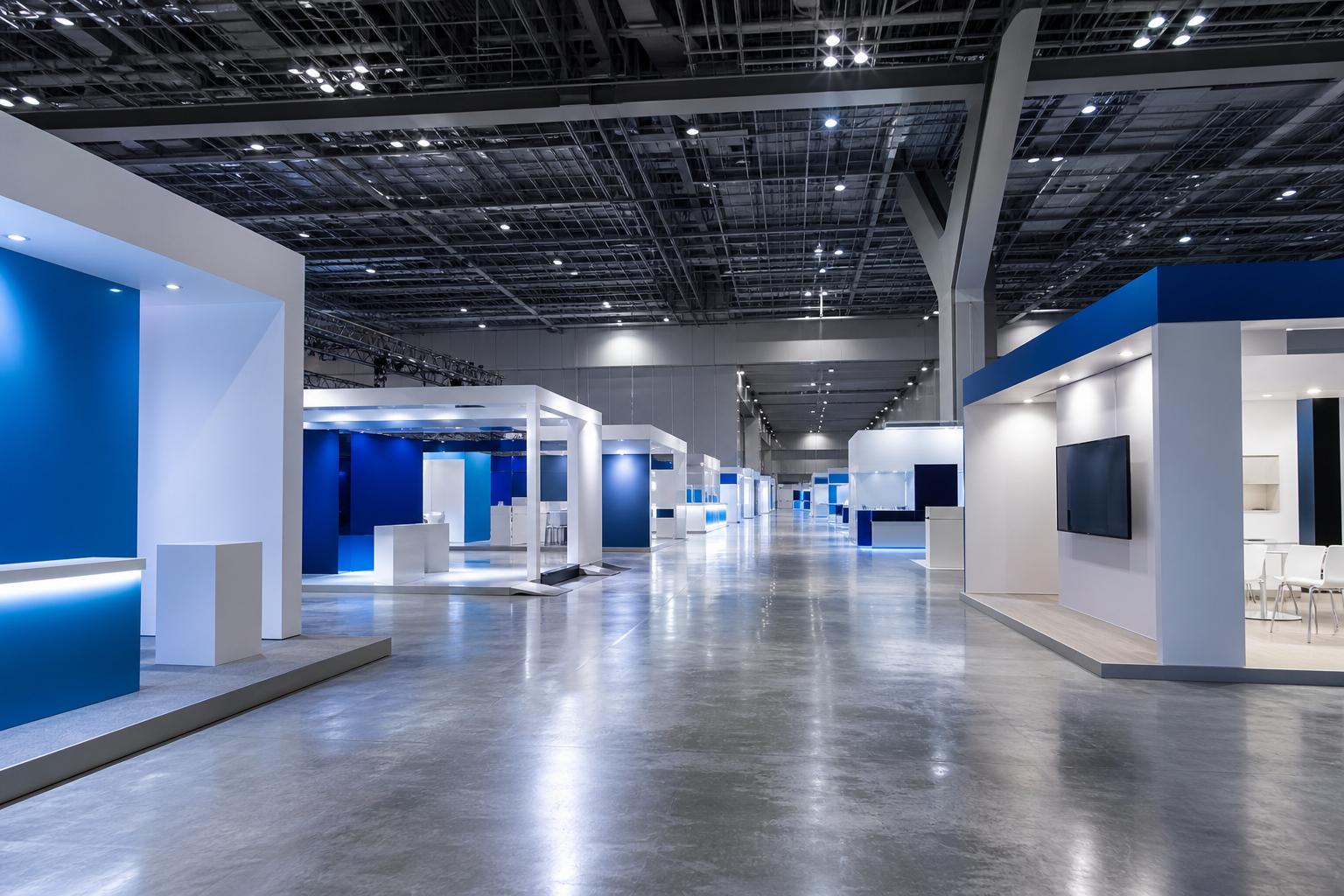 大阪・南港の大型展示会場をイメージした抽象的なイラスト。特定のイベントロゴや企業名は描かず、通路とブース列のイメージとして用いる。