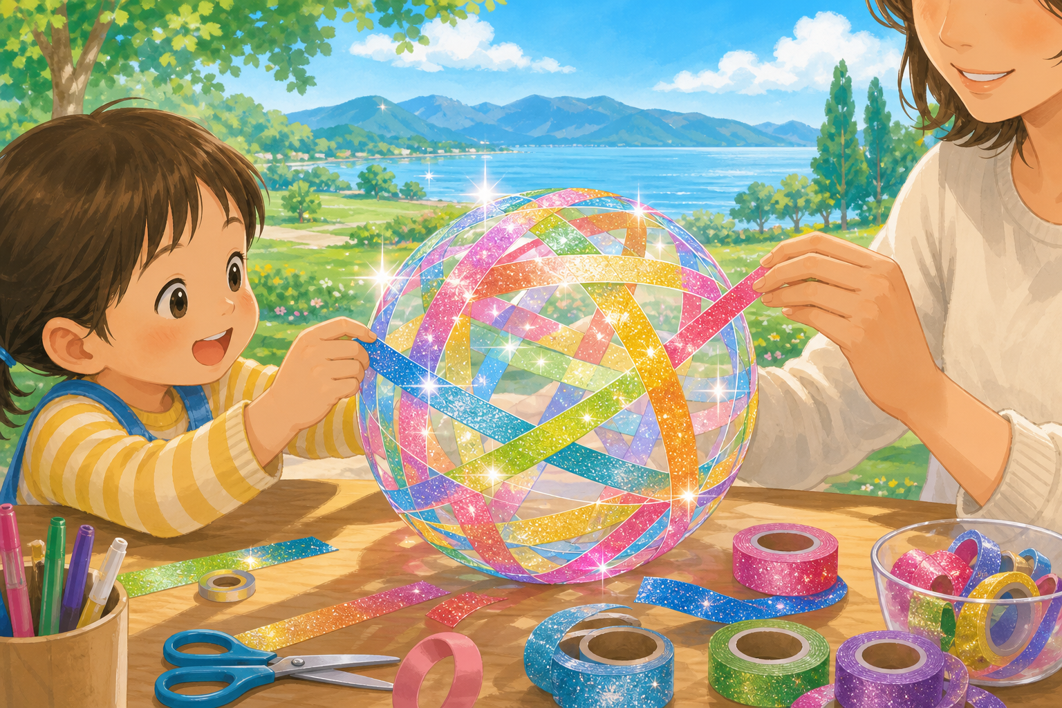 子ども向け工作教室で、キラキラのテープを巻いて光る球体のような作品を作る様子をイメージしたイラスト。実際の2026年5月23日の会場写真ではなく、編集部が制作した補助ビジュアル。