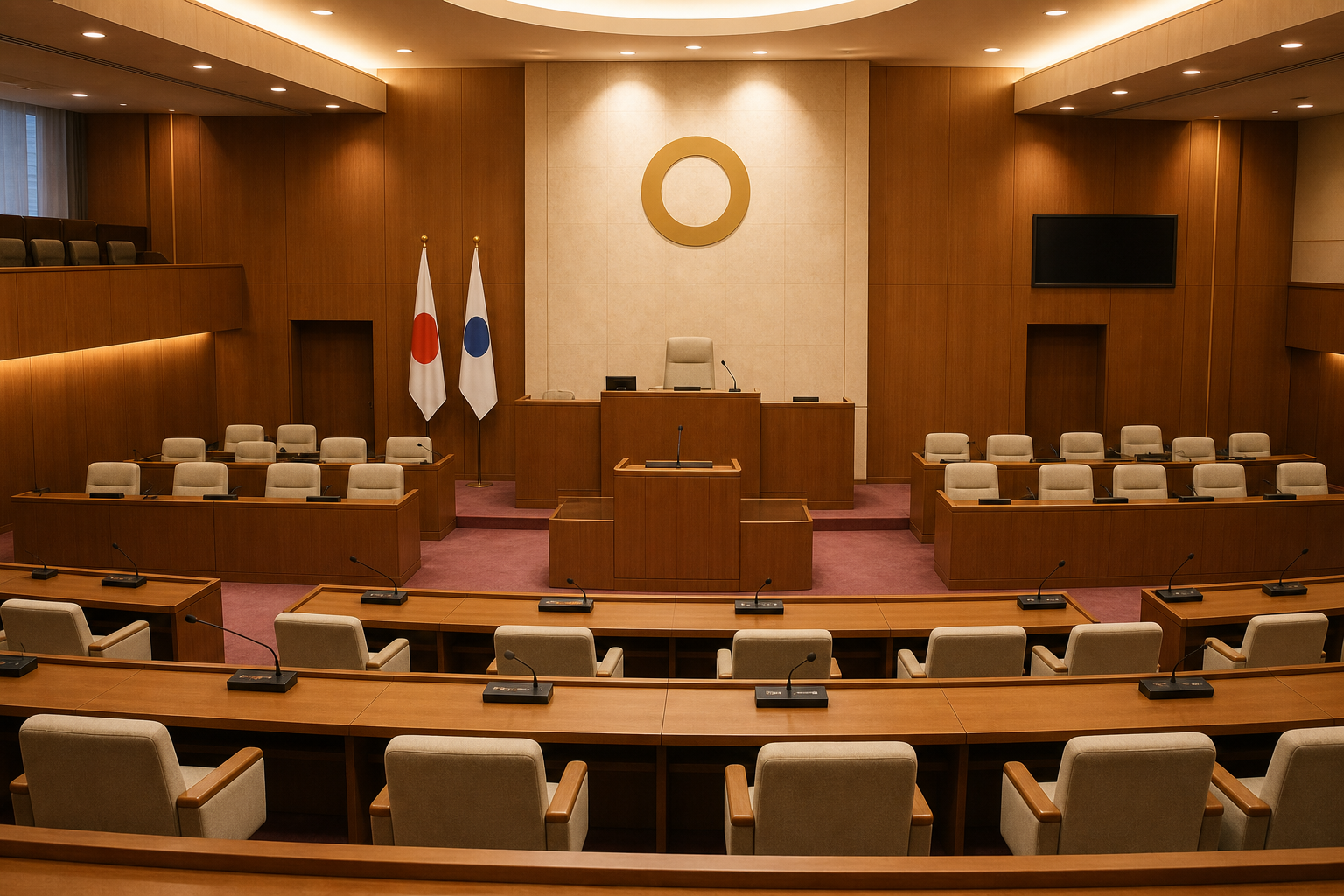 地方議会の議場を想起させるイメージ。令和8年3月定例会での予算審議と意見書採択の場面を象徴する。