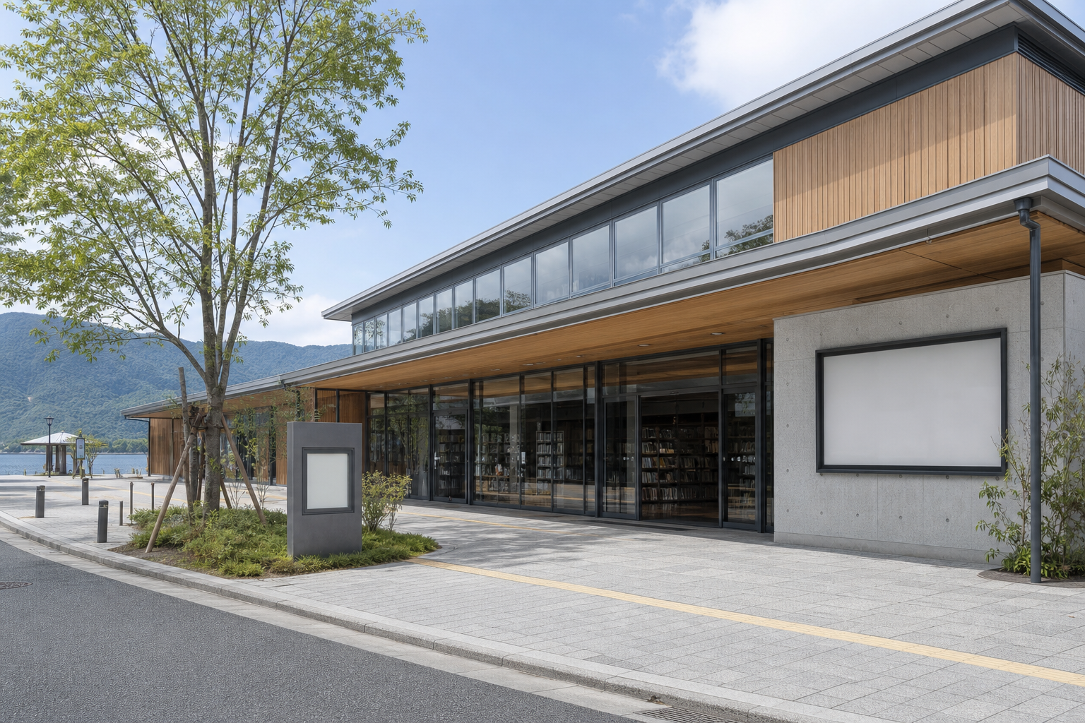 滋賀県高島市今津町に位置する高島市立今津図書館の外観をイメージした生成画像。琵琶湖西岸の落ち着いた環境に建つ図書館のエントランス付近。※画像は生成AIにより作成されたイメージです。