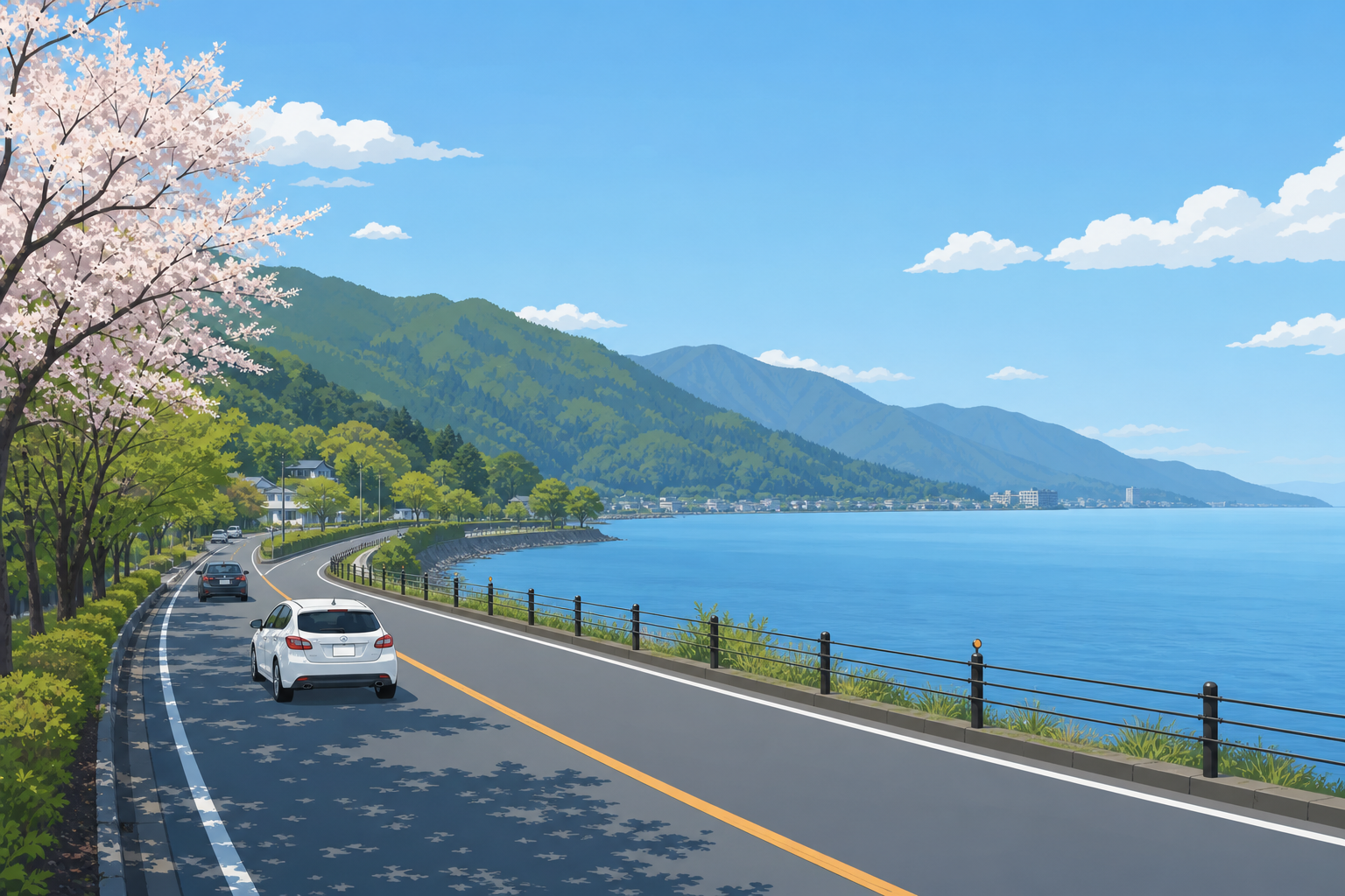 琵琶湖西岸を連想させる湖畔の二車線国道をイメージした編集部作成のイラスト。観光道路の景観を示すが、特定区間の実写や標識の再現ではない。