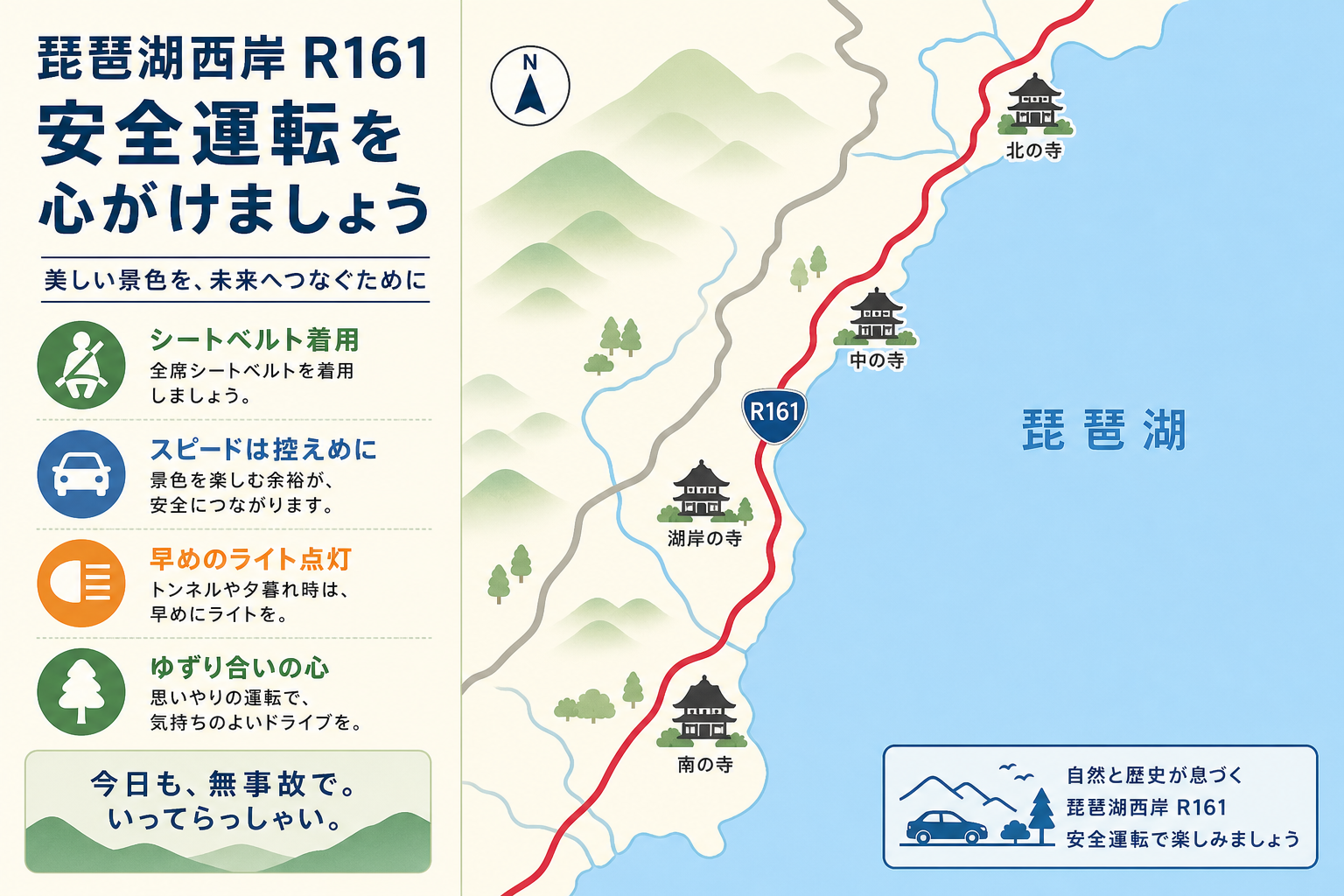 琵琶湖西岸と国道161号に相当する南北の走廊を模式的に示した図。地理の理解補助用で、縮尺・正確な路線位置は公式地図で確認が必要。