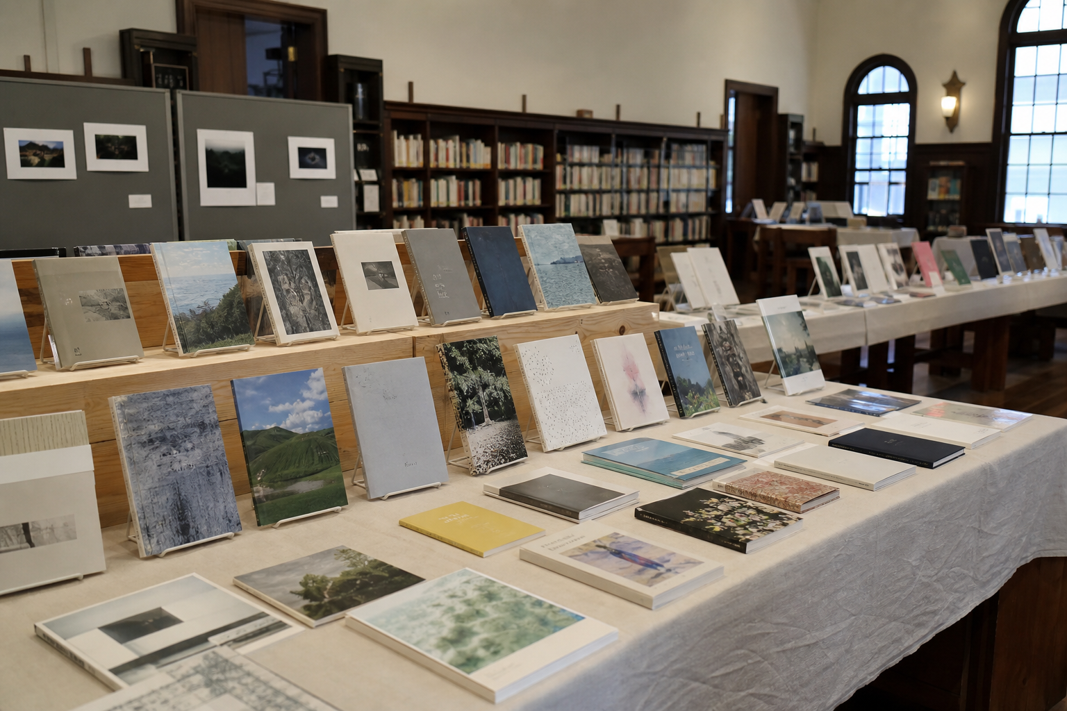 高島市ゆかりの自費出版物が並ぶ展示風景をイメージした生成画像。背表紙や表紙の並び、地域史・自然を題材にした装丁の多様さを示す構成。※画像は生成AIにより作成されたイメージです。