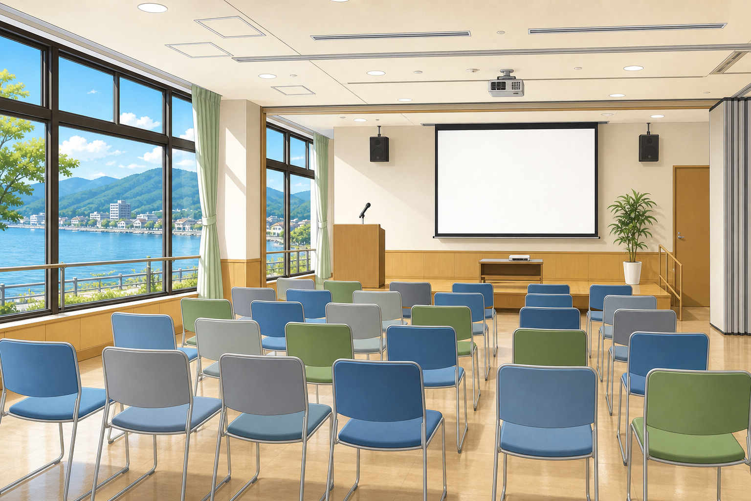 地方自治体のセミナー会場をイメージした編集部作成の図。視聴覚室のような明るい室内で、椅子が整列し白板またはスクリーンがある構成。実在の高島市施設の写真ではない。