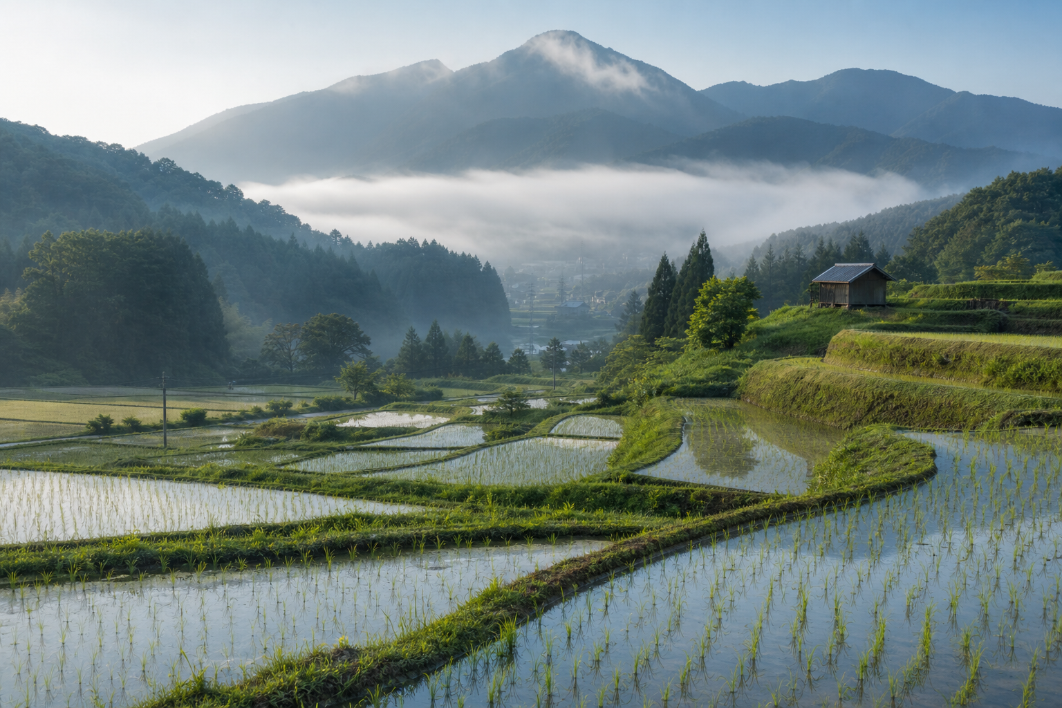 滋賀県高島市周辺を想起させる棚田と田園風景のイメージ。琵琶湖西岸の農業地帯を象徴するビジュアルで、中山間地域の農業を視覚的に示す。