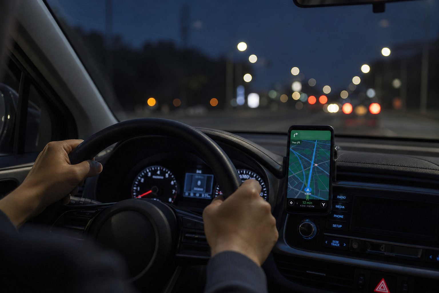 運転中にナビ端末やスマートフォンの地図表示を確認する場面のイメージ。特定アプリの画面や商標は含まない。