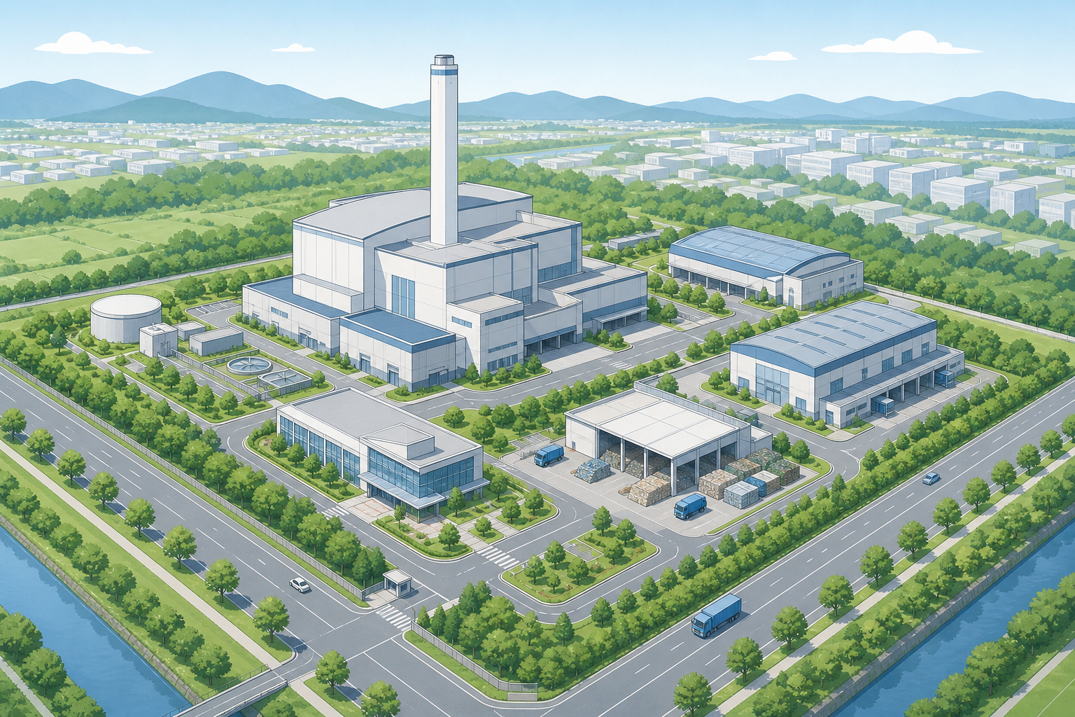 地方公共団体の廃棄物処理施設キャンパスをイメージした編集部作成の俯瞰図。焼却棟と付帯施設、緑地帯、道路を示すが、実在の敷地の写しではない。