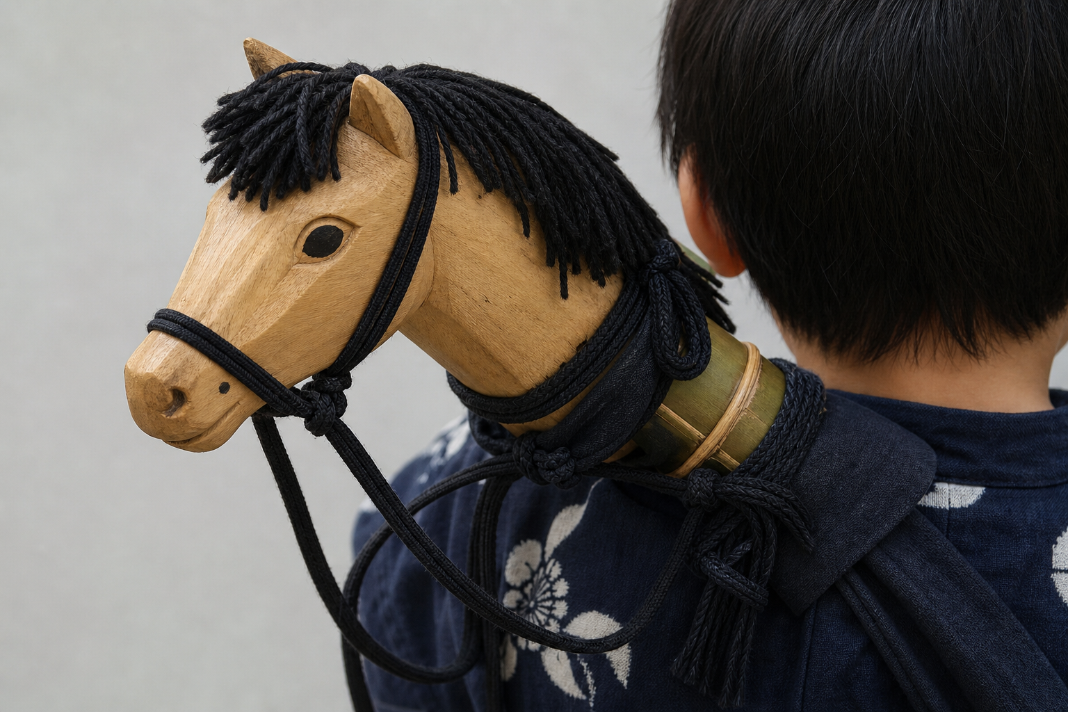 竹馬祭で使用される竹馬の詳細。約20cmの桐製馬頭に黒く染めたたてがみと手綱が付き、竹棒を胴体とする造り。子供の首から掛けてまたがる様子をクローズアップ。伝統的な素材と形状を正確に再現。※画像は生成AIにより作成されたイメージです