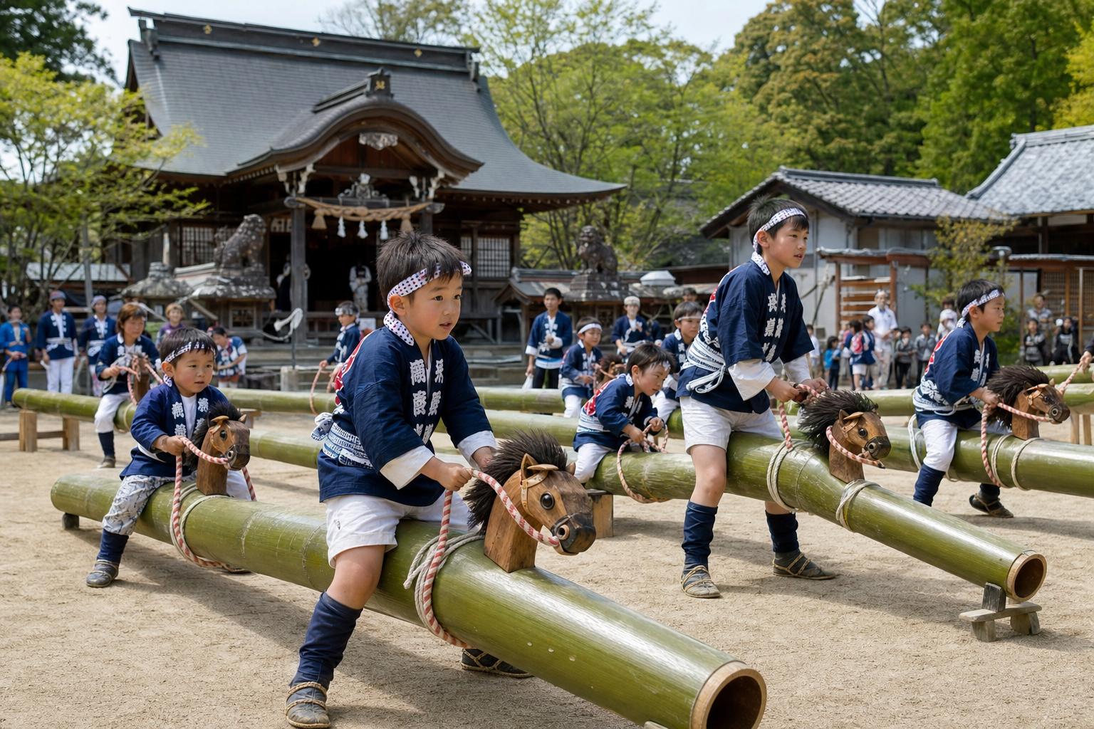 高島市新旭町今市地区の佐々木神社で行われる竹馬祭のイメージ。幼児から中学生までの男児が桐製の馬頭を付けた竹馬にまたがり、流鏑馬神事を奉納する伝統行事の全体像を捉えたイメージ。背景に神社本殿と馬場が見え、子供たちが正装で竹馬を駆る様子をリアルに描写。※画像は生成AIにより作成されたイメージです