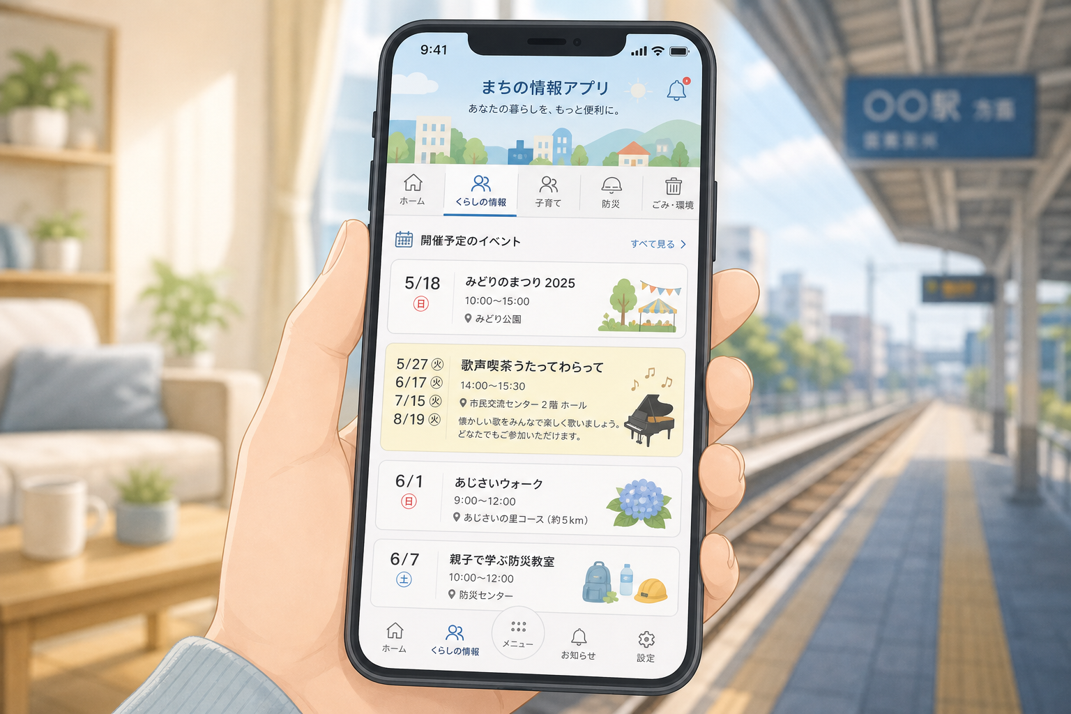 高島市公式アプリの「くらしの情報」一覧に「歌声喫茶うたってわらって」のスケジュールが並ぶ様子を表したスマートフォン画面のイメージ。トレードマークやロゴは含まない一般的なカレンダーUI風。