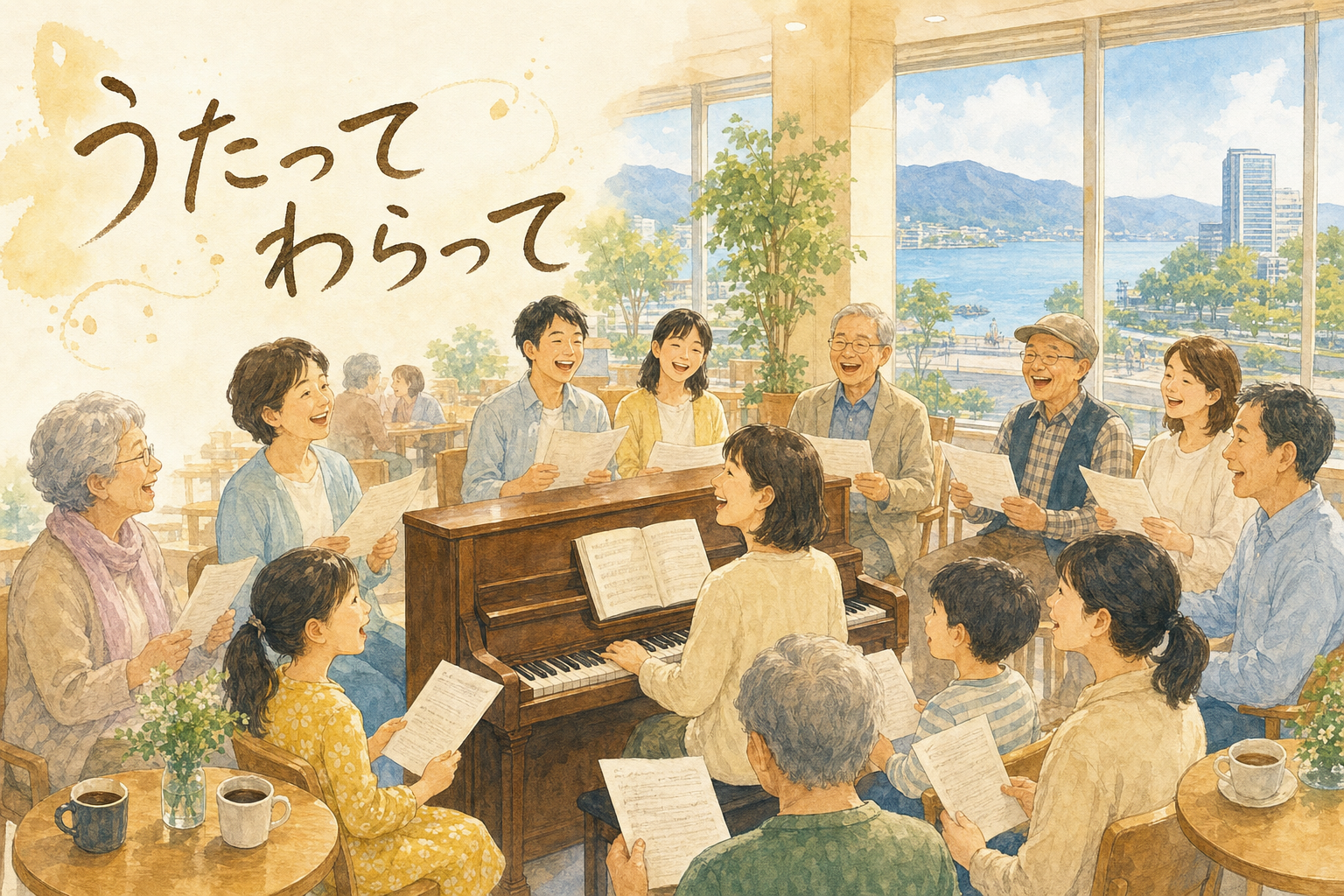 高島市民会館ロビーで開かれる「歌声喫茶うたってわらって」の雰囲気を表したイメージ。ピアノを囲んで歌い、笑い、コーヒー片手に交流する人びとを横長構図で描いたイラスト。