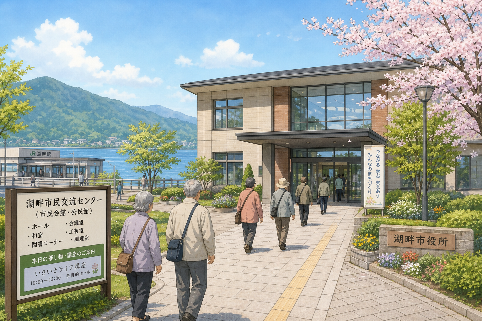 高島市民会館の場所を示すイメージ。湖西地域の中核ホールであり、JR近江今津駅から徒歩3分というアクセス性を視覚的に伝える。