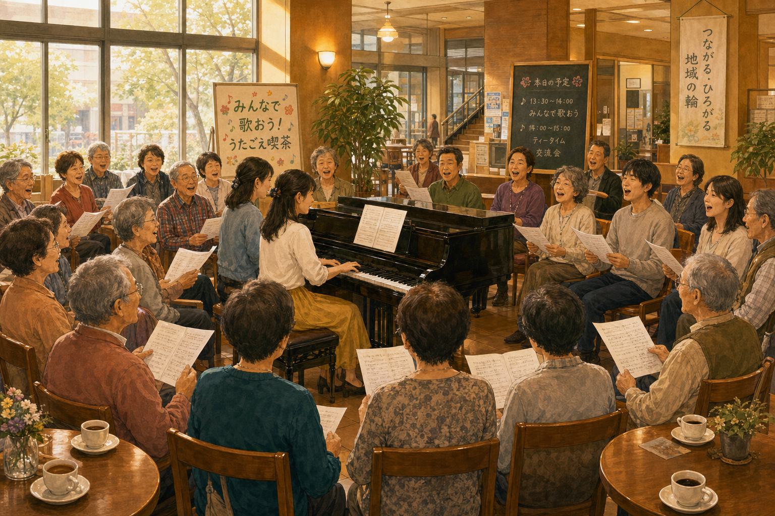 高島市民会館ロビーで参加者がピアノを囲み、歌詞カードを片手に懐かしの歌を合唱している様子を表すイメージ。コーヒーカップが机に並ぶ、温かみのある屋内シーン。
