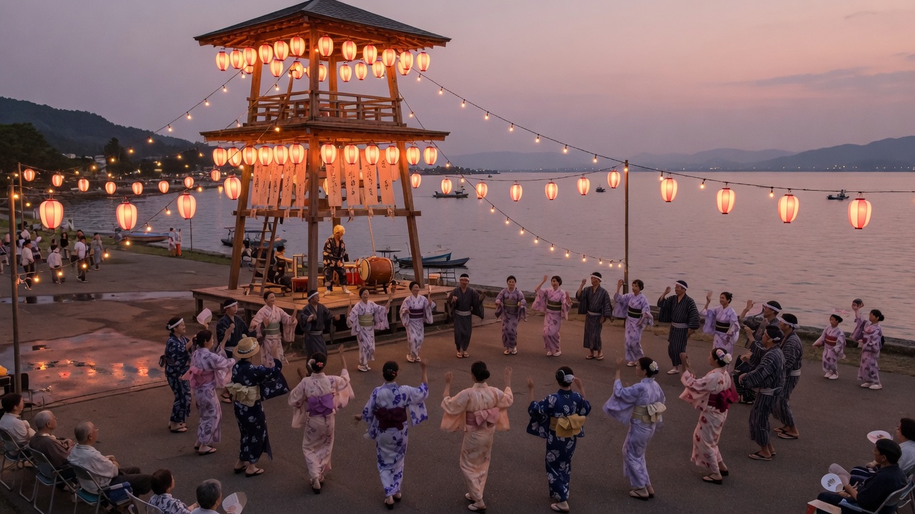 夏の夜、やぐらと提灯の下で盆踊りが円を描く高島の風景イメージ(AI生成)。