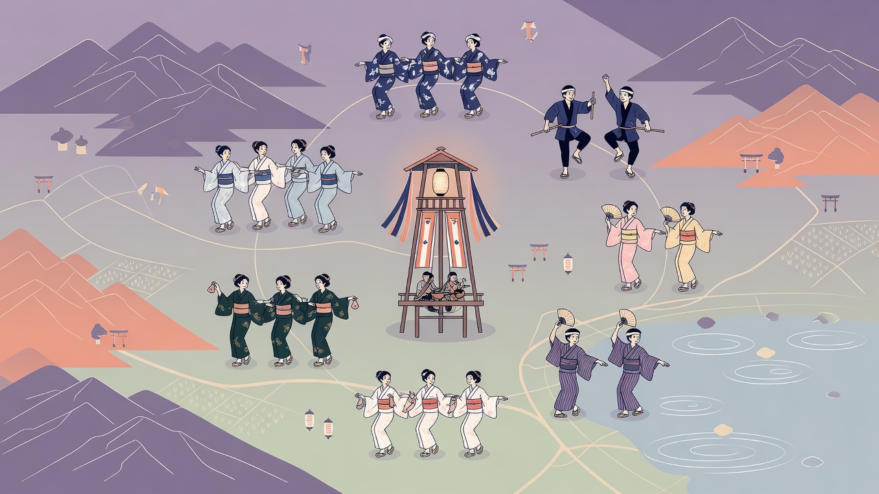 7つの地域の踊りが一つのやぐらを囲むように集まるイメージ(AI生成)。