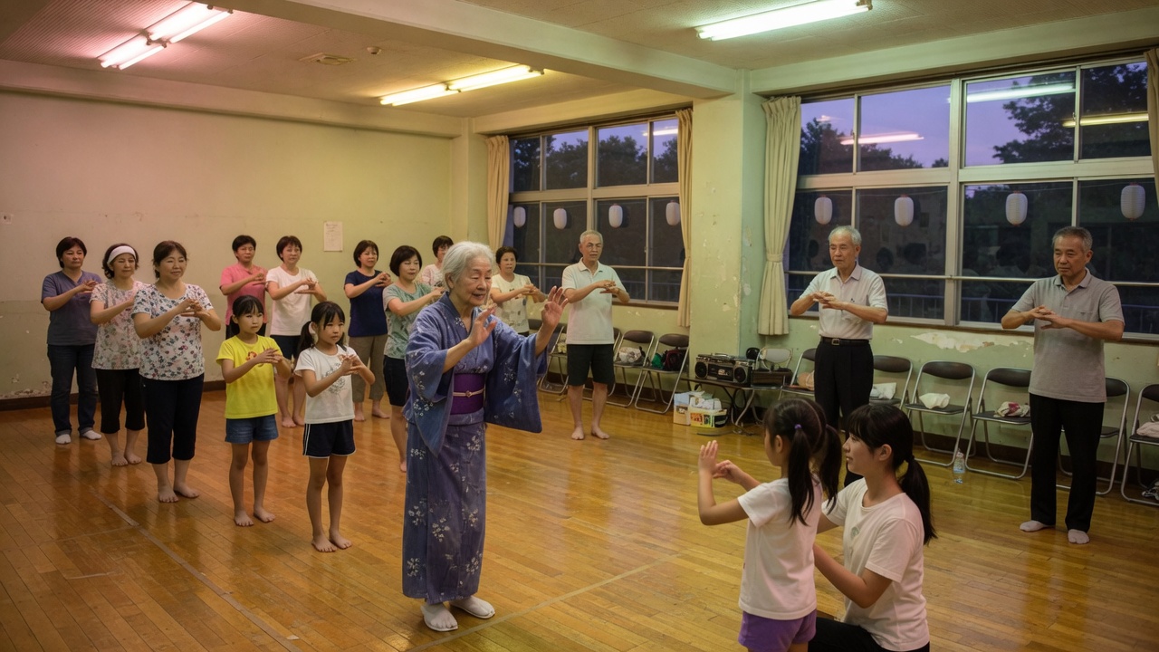 コミセンのホールで、年齢の違う参加者が手の振りを合わせる練習風景のイメージ(AI生成)。