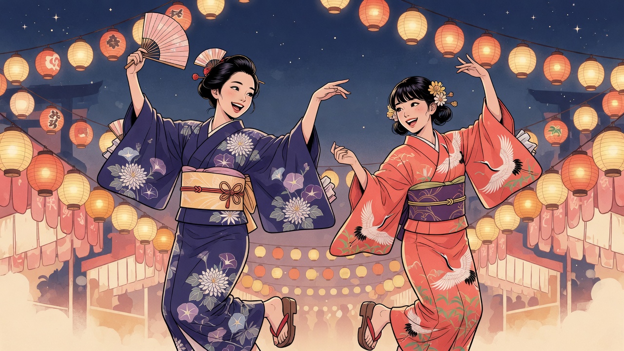 浴衣の若い踊り手が見本として手を振る盆踊りのイメージ(AI生成)。