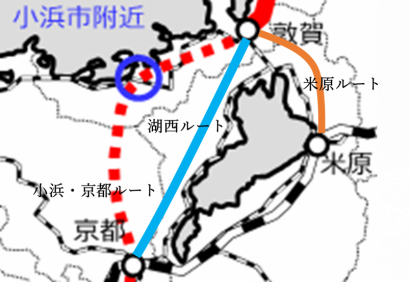 滋賀県が示す敦賀以西の3ルート。小浜・京都、湖西、米原