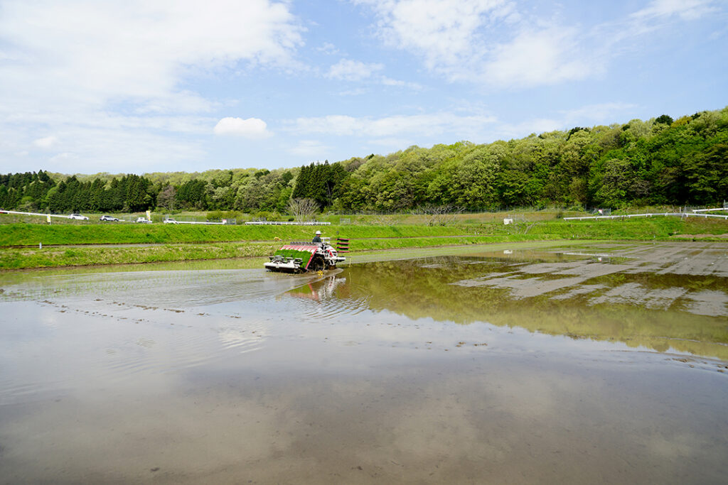 今津の山に囲まれた水田で田植え機が走る